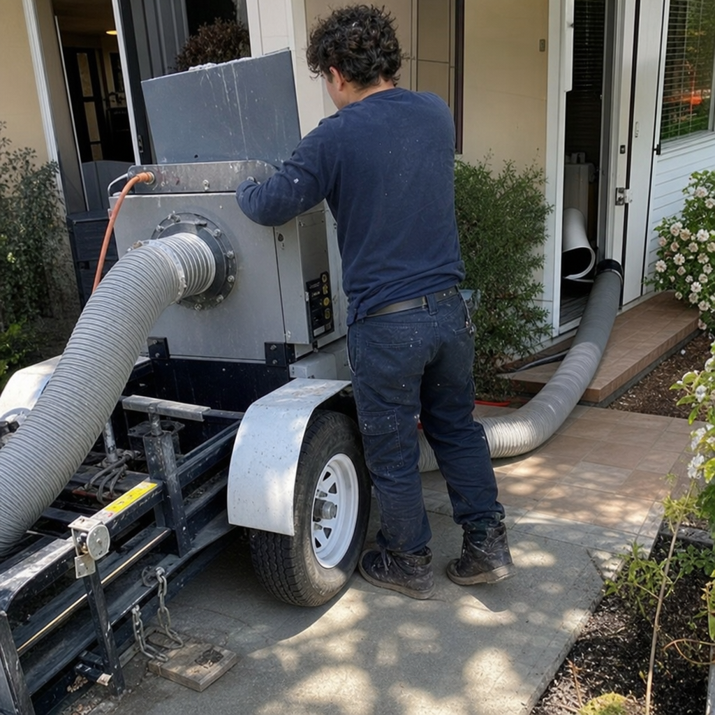 Technician using professional air duct cleaning equipment outside a home