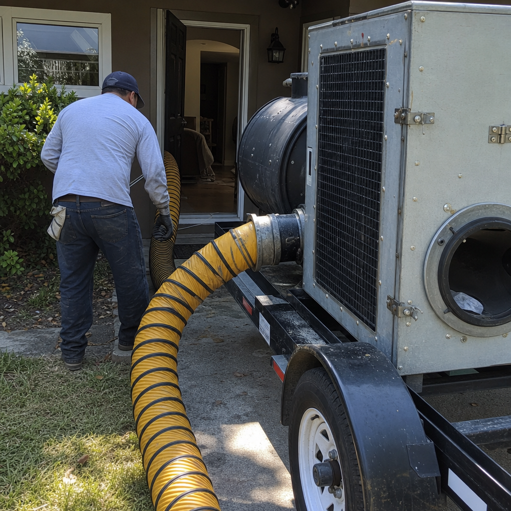 Technician using professional air duct cleaning equipment with yellow vacuum hose