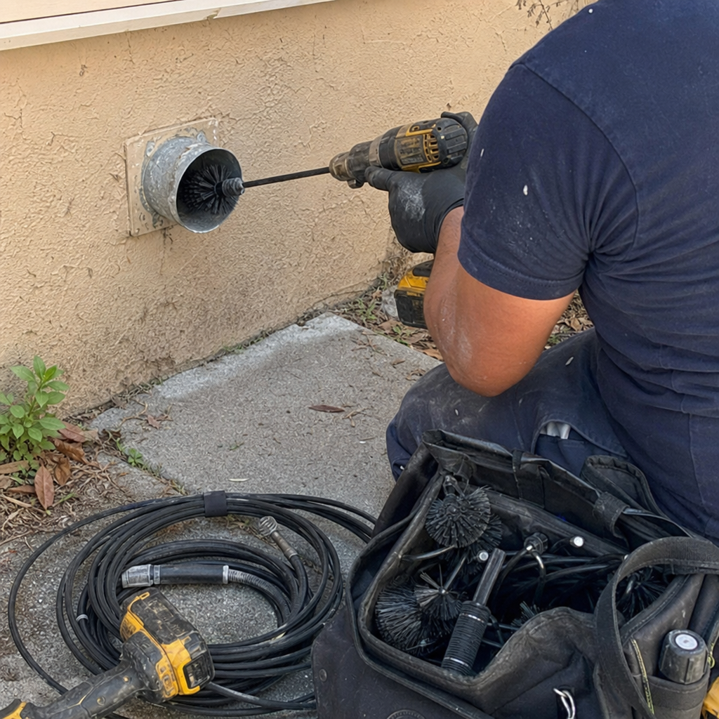 Technician using a rotating brush drill to clean residential dryer vent